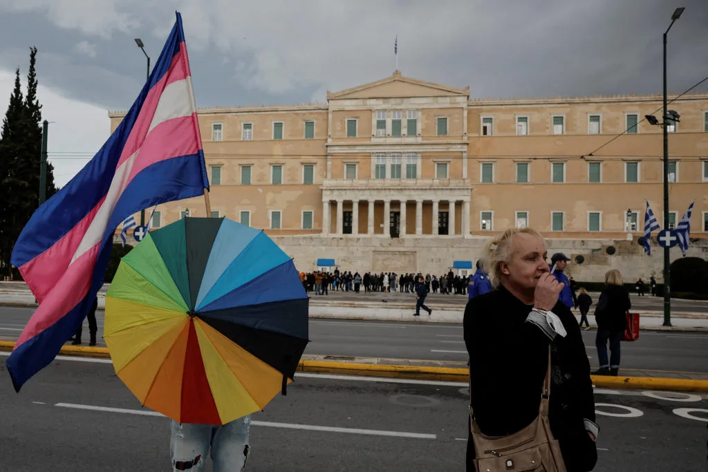 The Trans Pride flag flying outside of Syntagma Square in Athens